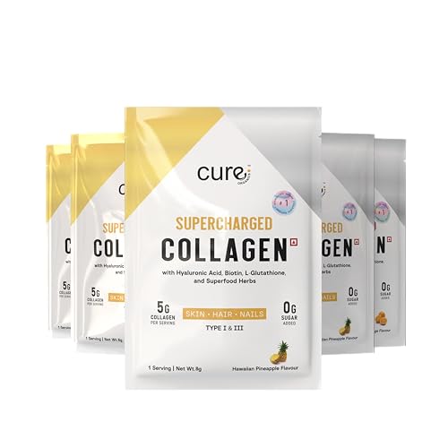 Image of Supercharged Collagen Powder Pack of 5 x 8g | Type I and III Collagen Peptides with Biotin L-Glutathione Sea Buckthorn | Skin Hair Nails Support | Pineapple | Men and Women