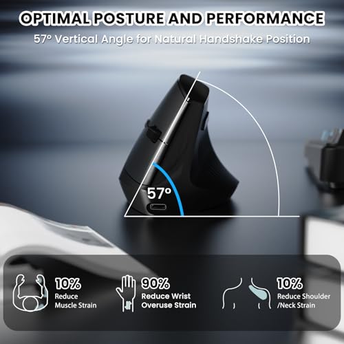 AJAZZ i300 Ratón Ergonómico Vertical Inalámbrico, 2,4GHz/BT, 84g de peso Ligero, Silent Clicks, ángulo Vertical de 57°, Reduce Muscle Strain, 1600DPI, Ratón de Oficina para Win/Mac/iPad/Laptop, Negro - imagen 4