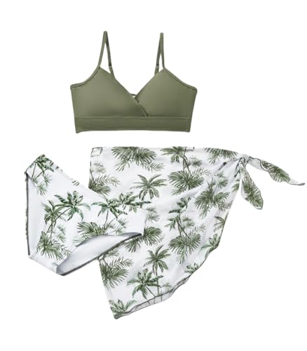 QJQ Girl's 3 Piece Swimsuits Floral Tropical V Neck Bathing Suit Bikini with Cover Up Skirt Sarong Wraps - Main Image