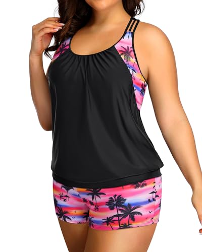 Image of Womens Plus Size Tankini Swimsuit Two Piece Tummy Control Bathing Suit | Blouson Racerback Tankini Top with Shorts, Double Up Design, Removable Pad
