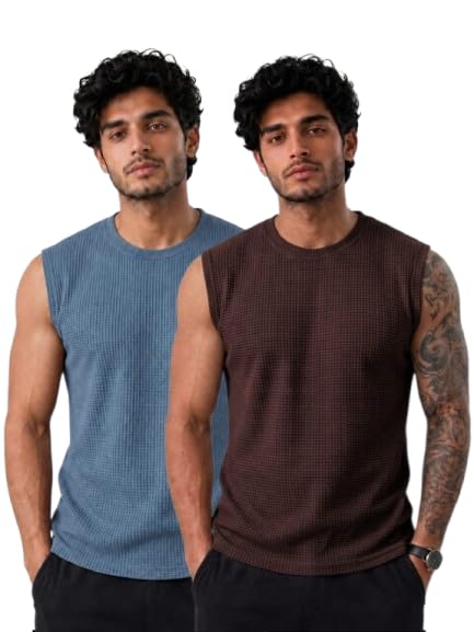 esoroucha Men's Waffle Knit Sleeveless Vests | Premium Regular Fit Gym, Casual & Lounge Wear Tank Tops(Pack of 2)-picture-29