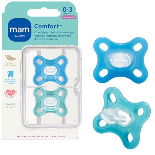 Image of MAM Comfort Baby Pacifiers 0-3 Months Newborns, Lightweight One-Piece Full Silicone Binky, BPA-Free Nipple, Easy to Clean Pacifier, Best for Breastfed Babies, 2 Count, Sterilizer Case, Made in Europe