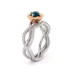 Blue Diamond Bridal Set 14K White & Rose Gold Ring Unique Flower Engagement Rings