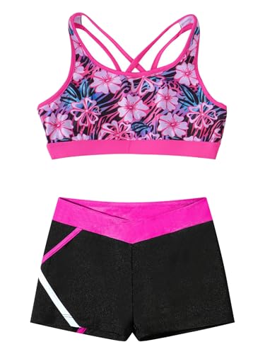 Kids Girls Dance Gymnastic Outfit Sleeveless U Neck Crop Top With Shorts Set Sport Training Dancewear Gardenia Rose 16 Years3