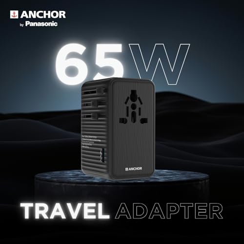 Image of Anchor by Panasonic 65W International Travel Adapter, Universal Travel Adapter All in One for EU, UK, US and AU with 1 USB and 3 Type C Ports, 65W Travel Accessories with GaN Fast Charging