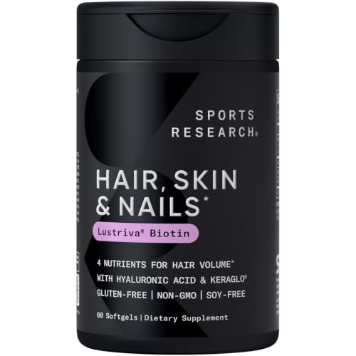 Image of Sports Research Hair, Skin & Nails Complex - Supports Hair Growth, Glowing Skin & Strong Nails - w /Lustriva Biotin, Collagen, Hyaluronic Acid & KeraGLO Keratin - Non-GMO, Gluten-Free, 60 Softgels