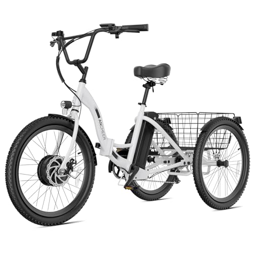 ANCHEER Electric Tricycle for Adults, 350W(Peak 550W) Etrike, 48V/499Wh Ebike, 24" Folding 3 Wheel Electric Trike, 15.5MPH & 55Miles Electric Bike, Rear Differential, Rear Basket