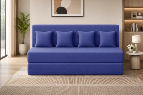 Image of Los Angeles Foldable Four Seater Sofa Cum Bed, Sofa Bed 6 X 6 Ft, Jute Fabric Washable Cover- Including Four Cushion Perfect for Living Room - Blue Color