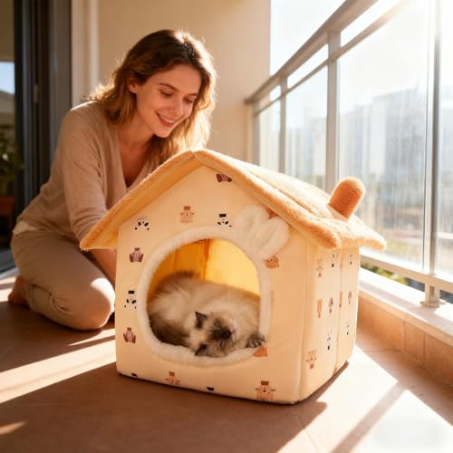 Grotte de lit pour chaton et chien avec nid chaud à coussin doux isolant - 4