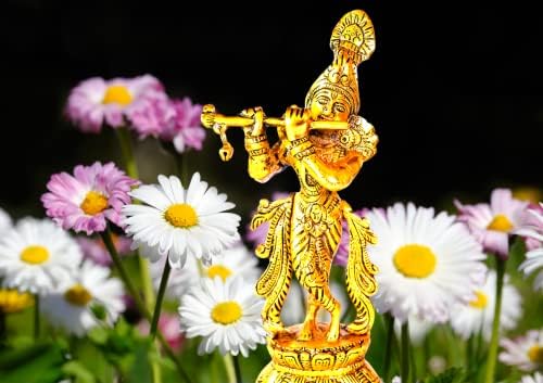 Halfpace Janmashtami Krishna Idol - Hindu God Statue w/ Bansuri - Indian Lord For Pooja Mandir Temple - Gopala Golu Nandalal MadanMohan Ishkon Harekrishna - Puja Gift Murti - 22cm x 10cm x 7cm, Gold