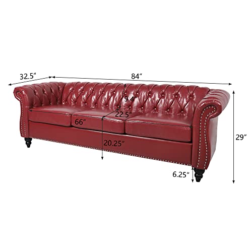 Image of ORRD 2 Piece Living Room Set, Chesterfield Leather Sofa Loveseat Couch Chair with Scroll Arms and Nailhead for Living Room, Office (Burgundy)