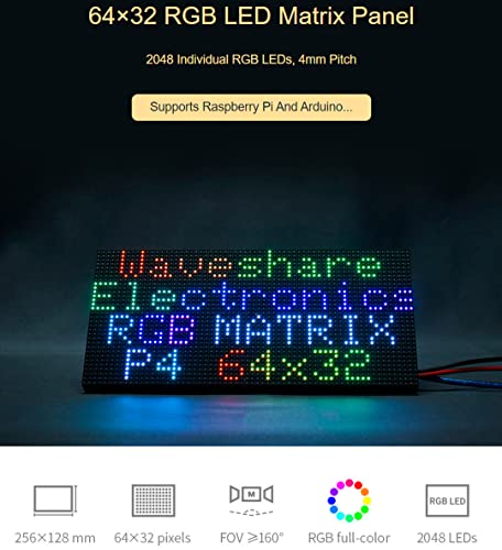waveshare 64x32 2048 RGB Full Color LED Matrix Panel 4mm Pitch P4 Displaying Text/Colorful Image/Animation Adjustable Brightness Chainable Design,Compatible with Arduino/Raspberry Pi