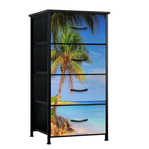 VETEB Dresser for Bedroom Idyllic Beach Tropical Palm Trees Montego Bay Jamaica Small Tall Clothes Dresser for Closet Organizers with 4 Chest of Drawers Fabric Storage Bins Dressers
