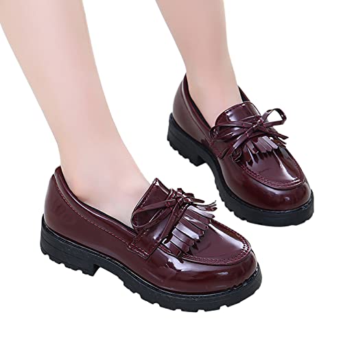 Girls Slip On Leather Loafer Tassel Bow Flats School Dress Shoes for Girls Fall Shows for Kids (Wine, 21)3
