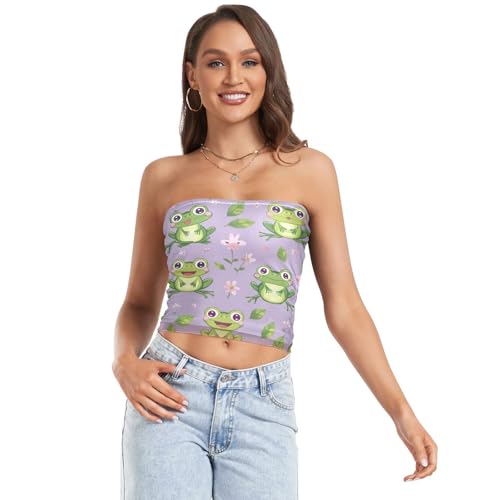 Lindas ranas de dibujos animados morados, top sin tirantes para mujer, tops de tubo transparente, tops cortos de moda (S), Lindas ranas de dibujos animados morados, S