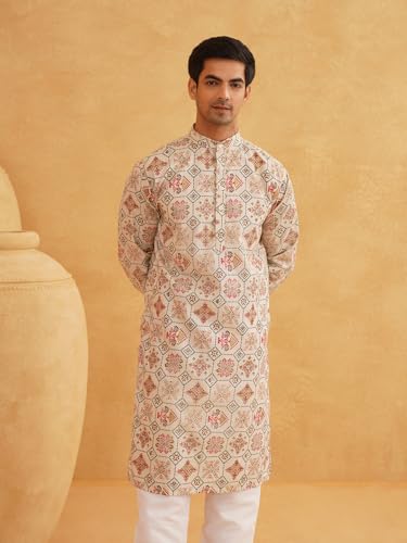 Image of Sojanya (Since 1958 Men'S Cotton Linen Blue Foil Printed Only Long Kurta