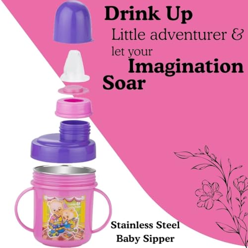 Image of Zerya Hippo Stainless Steel Baby Spout Sipper Cup for Kids /Toddler with Soft Silicone 250 ML (Pink)