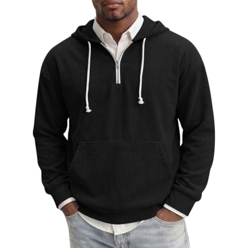 Corduroy 1/4 Zip Hoodie For Men Long Sleeve Drawstring Hooded Pullover - image 4