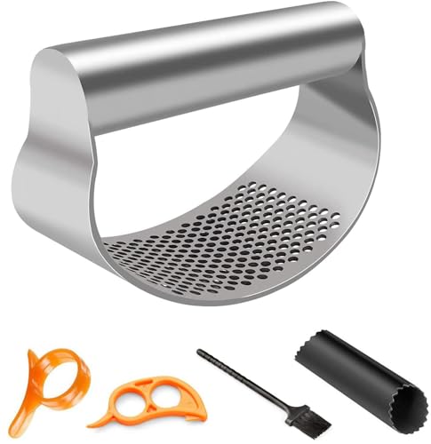 Trituradora de ajos, cortador de ajo de acero inoxidable, con pelador de ajos de silicona, cepillo de limpieza y pelador de naranjas