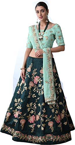 Divine International Trading Co Women's Bridal Dulhan Collection Indian Wedding Art Silk Lehenga Choli with Dupatta(Dark Green, Free Size)