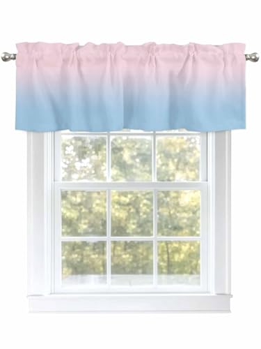 Litter Star Kitchen Valances for Windows, Pink Blue Gradient Valance Curtain Rod Pocket Valance, Color Ombre Art Short Curtains Window Topper for Bedroom Bathroom Living Room 42x12in