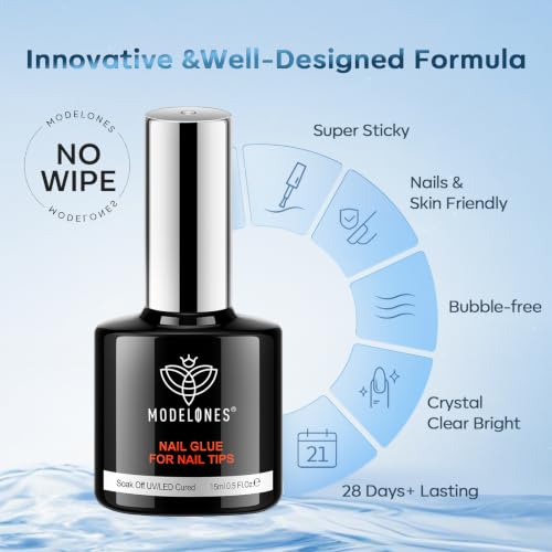 Image of modelones 10 in One X Nail Gel Glue Gel Base Coat Brush On No Wipe | Nail Polish Glue 15ml for Tips, Rhinestones, Blooming Art Hema-Free Gel Kit for Acrylic Tips U V Lamp Needed