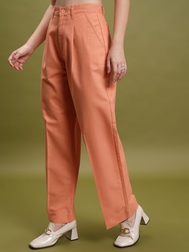 Image of Tokyo Talkies Women's Straight Fit Regular Trousers | Stretchable Trousers| Mid-Rise