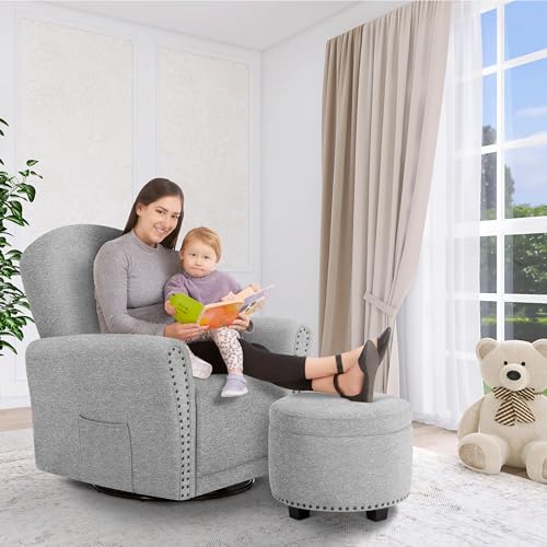 Image of Evolur Vienna Swivel Glider with Ottoman, FSC Certified, Greenguard Gold and JPMA Certified Glider Rocking Chair, 360 Swivel Motion, Ergonomic Design Nursery Glider, Cobblestone