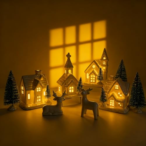 WANCHIY Christmas Village Sets- 13 Pieces Indoor Christmas Decorations, White Ceramic Village Houses Set of 4 with 7 Trees & 2 Deer, Mantel & Room & House Table Decor, Farmhouse Rustic Holiday Decor