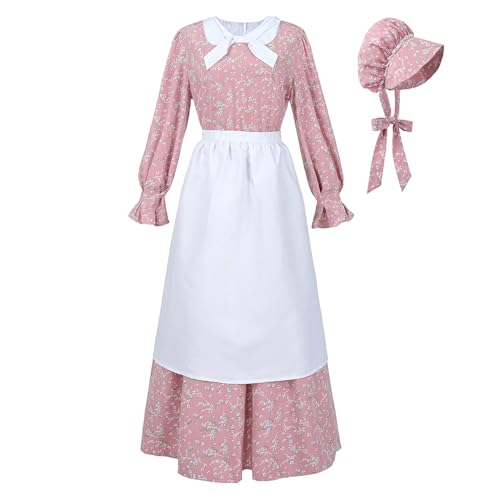 LTAKK Colonial Dress Women Prairie Pioneer Costume, Rose Pink, Large