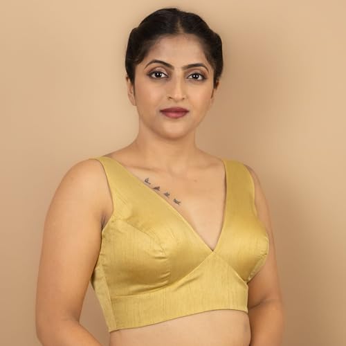 Image of FIGURE'S DESIGNER Women's Dupion Raw Silk Sleeveless V Neck Sabyasachi Cut Readymade Saree Blouse Padded Stitched S4