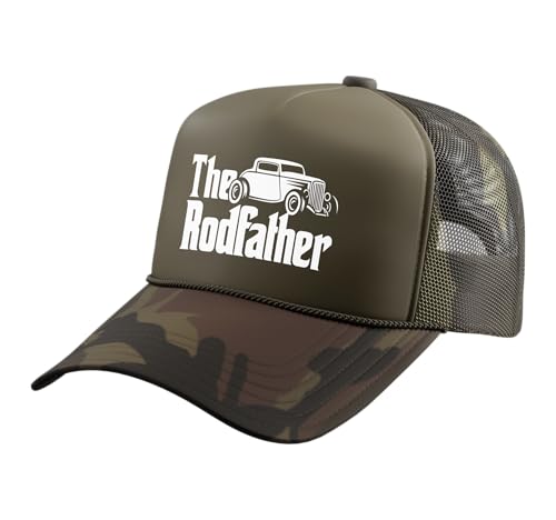 Hot Rod Dad, The Rodfather, Funny Dad Grandpa Hot Rod Trucker Hat with Adjustable Mesh Back, Camo Green