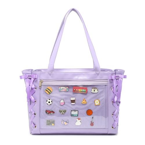 Image of Silk Ribbon Tote Bag Ita Bag Shoulder Bag Faux Leather Kawaii Purses and Handbags with Pin Display