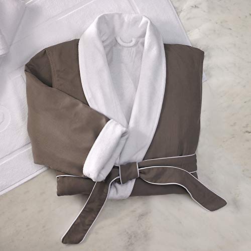 Smoke Shawl Collar Robe - Taupe with White Piping - Cotton Blend Microfiber - One Size2