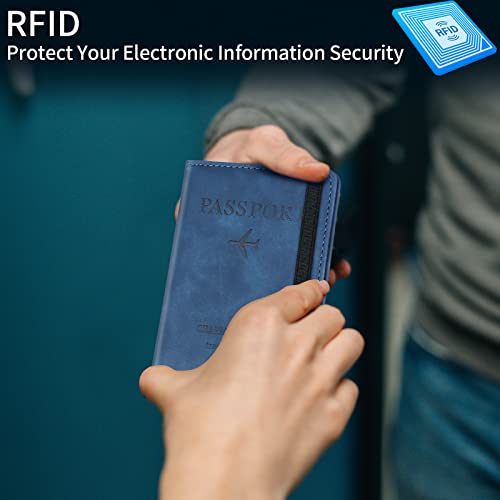 Image of Passport Holder Passport Cover with RFID Blocking Protector Travel Wallet Organiser for Men Women PU Leather Document Holder Credit Cards Boarding Ticket (Blue), Blue