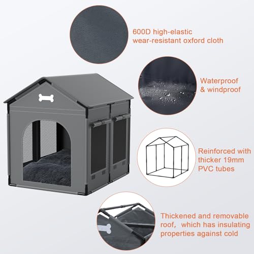 Hundehütte für den Innenbereich, Größe XL, weich mit Rahmen, wasserdichtes Haustierhaus für mittelgroße und große Hunde, warme Hundehöhle, Schlafnest mit weichem Kissen, 86 x 68 x 86 cm, Dunkelgrau