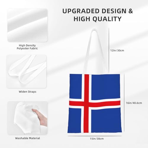 Flag Of Iceland Print Reusable Canvas Tote, Shopping Bag With Handles For Daily And Grocery Use4