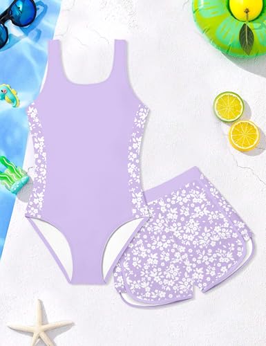Image of Girls Swimsuit One Piece Swimsuits Color Block Bathing Suit for Girls Adjustable Strap Padded Swimwear with Shorts