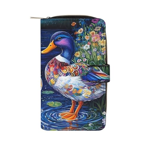 Mallard Duck Print Bird Long Wallet PU Leather Credit Card Holder Durable Zippered Purse Clutch Wallet