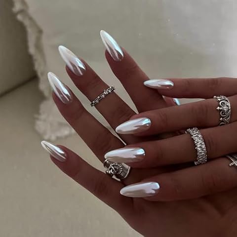 Press On Nails Almond Medium False Nails Chrome Glazed Stick On Fake Nails with Glue Kit | Fit Perfectly - 24 Pcs Nails (05, Medium) Cover