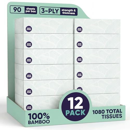 Save Trees Bamboo Facial Tissues - 12 Boxes of Eco-Friendly, 3-Ply Hypoallergenic Tissues, 90 Sheets per Box, FSC Certified, Plastic-Free Packaging, Soft & Gentle for Home Use