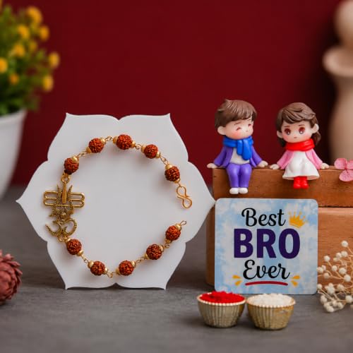 Image of ecraftindia Rudraksha Om Trishul Rakhi Gift Set for Brother | Designer Rudraksha Rakhi with Best Bro Ever Fridge Magnet, Brother Sister Showpiece & Roli Chawal | Raksha Bandhan Gift Combo