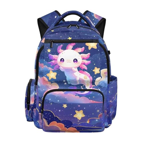 HUGS IDEA Mochila para meninas com alças acolchoadas, bolso frontal com zíper, dois bolsos laterais para escola, Axolote estrelado
