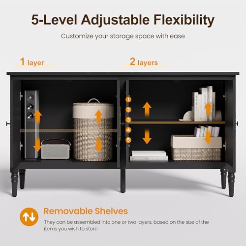Image of FansaFurn 58'' Large Sideboard Buffet Cabinet with 4 Doors, Modern Credenza Buffet Table for Coffee Bar, Storage Cabinet for Dining Room Living Room, Black