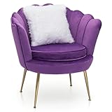 MoNiBloom Upholstered Velvet Accent Chair Elegant Mid-Century Modern Purple Shell Chair w/Cushion and Golden Legs, Retro Leisure Tufted Flower Arm Chair for Living Room Bedroom Reading Areas