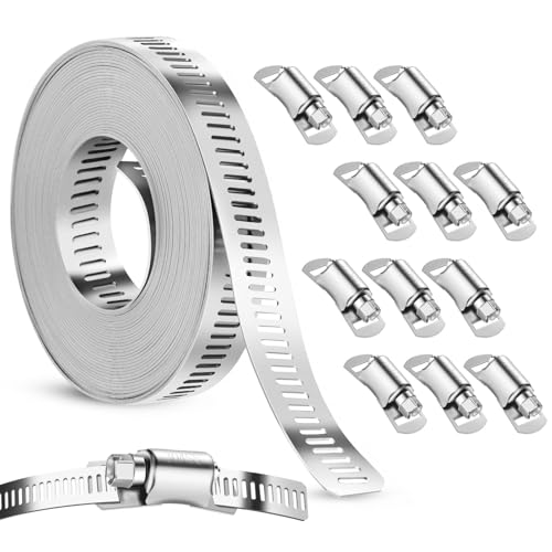 Collier de Serrage Inox 304, 5M Collier de Serrage Métallique avec 12 Pcs Fixation Réglable Colliers Serrages Inox Métallique pour Tuyaux Gaz Eau Voiture...