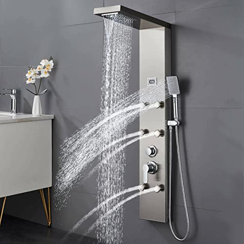 Columna de ducha con panel de masaje, sistema de ducha lluvia y cascada, acero inoxidable miniatura 1