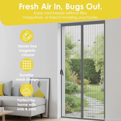 Image of KARP Mosquito Net for Door with Strong Magnets, Automatic Closing Mesh Screen, Anti-Fly & Insect Protection, Easy Fit Door Curtain for Home (Polyester - Grey, 100 Cm Width X 210 Cm Height)
