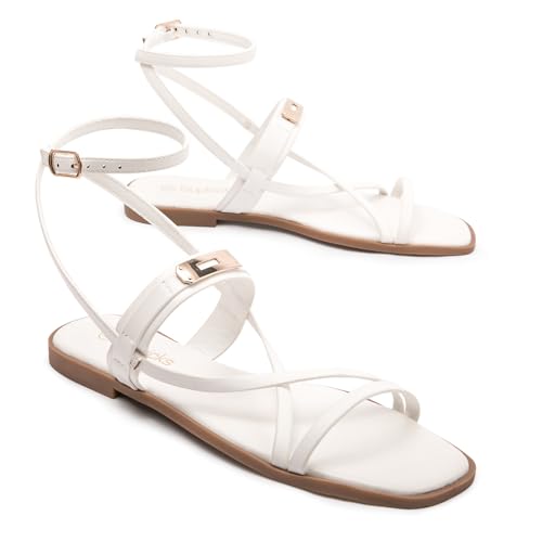 Women's Ankle Strappy Flat Sandals Comfort Gladiator Sandals Summer Casual Dressy Slides Open Toe Adjustable Buckle Slippers4