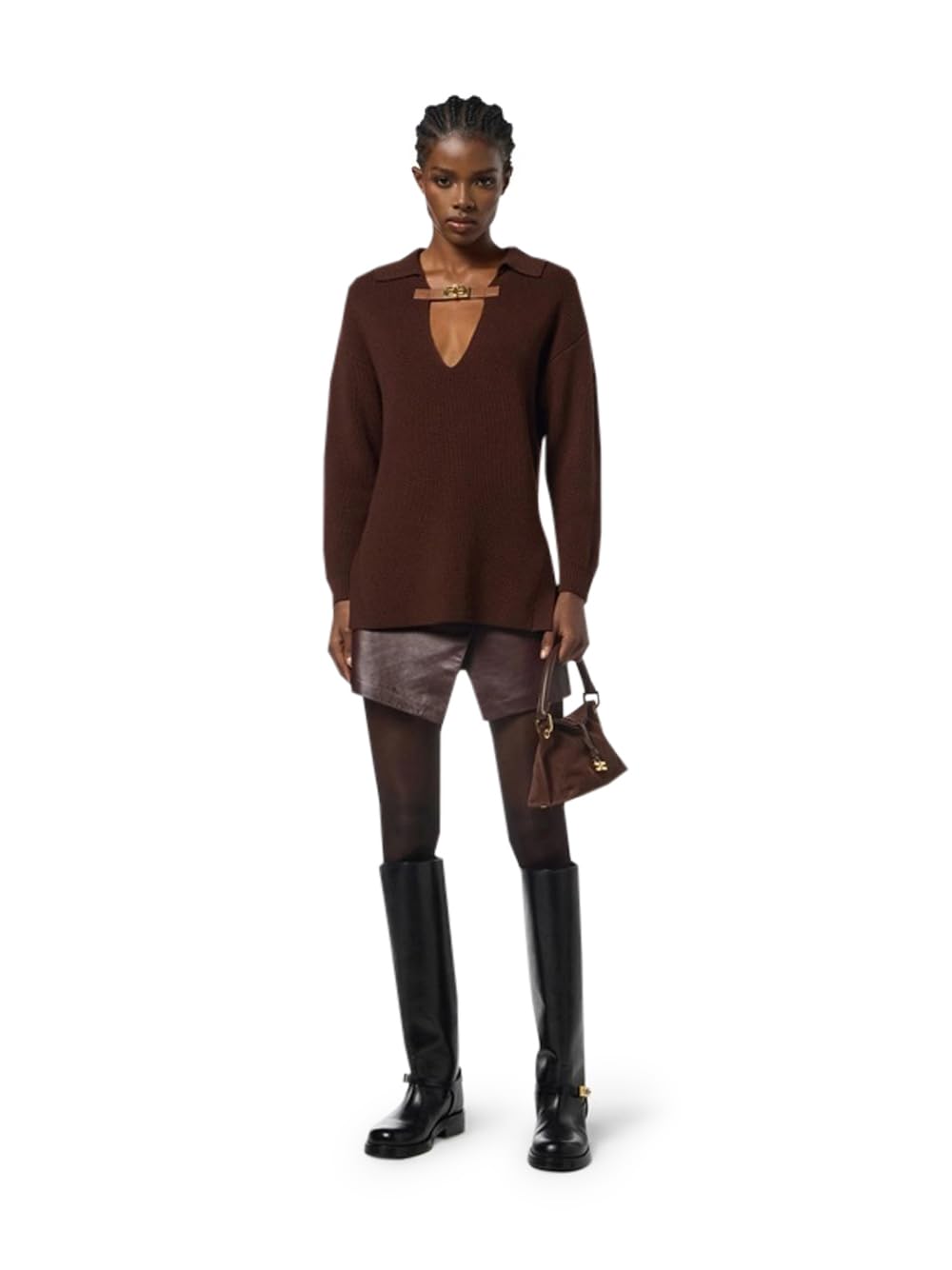 Elisabetta Franchi Maglia in Misto Lana Marrone con Cinturino Gioiello MK06S56E2 EA3 40